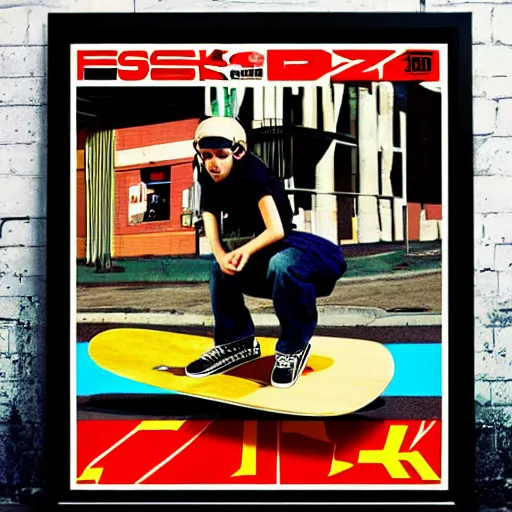 Image similar to y 2 k videogame poster ad scan, fisheye photo of skateboard, street wear 2 0 0 0 s y 2 k magazine