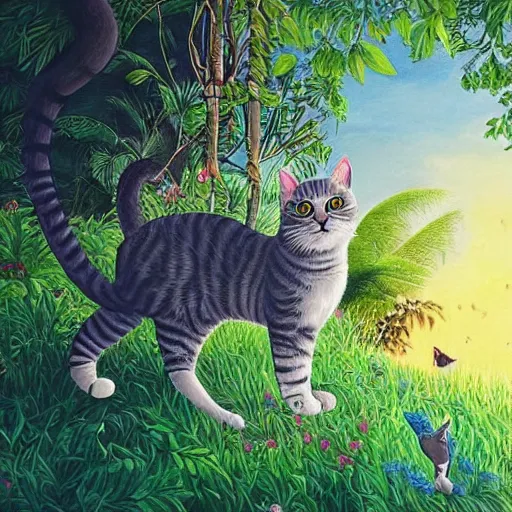 Prompt: cat in a beautiful city of the future in harmony with nature. Beautiful detailed painting by Lurid. (2022)