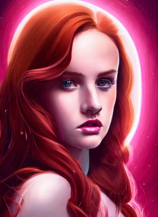 Image similar to full body portrait of teenage cheryl blossom, bangs, green eyes, sultry expression, red hair, sultry smirk, bangs and wavy hair, pink skirt, intricate, elegant, glowing lights, highly detailed, digital painting, artstation, concept art, smooth, sharp focus, illustration, art by wlop, mars ravelo and greg rutkowski