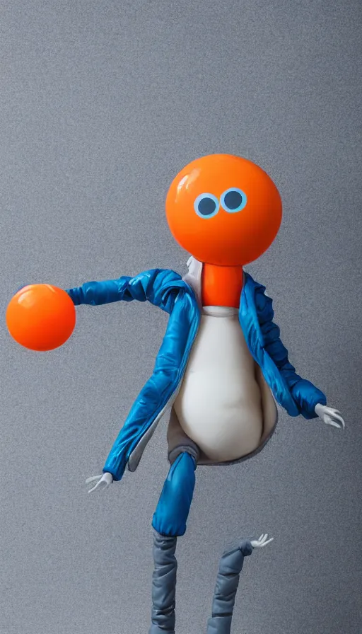 Prompt: a single still slender figurine of a tall giant inflated space man action figure wearing over sized orange puffy bomber jacket, long bendy arms and legs, googly eyes, tareme eyes, small head, personification, dynamic pose, detailed product photo, tone mapped, beautiful composition, 8 5 mm, f 5. 8, soft lighting