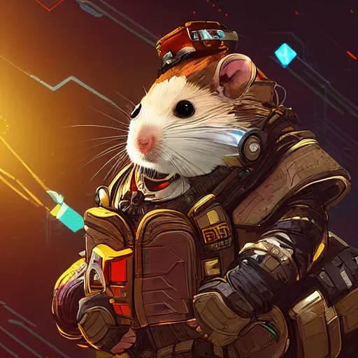 Image similar to crypto hamster as apex legends character, digital illustration portrait design, by android jones and greg rutkowski, retrowave color scheme, detailed, cinematic lighting, wide angle action dynamic portrait