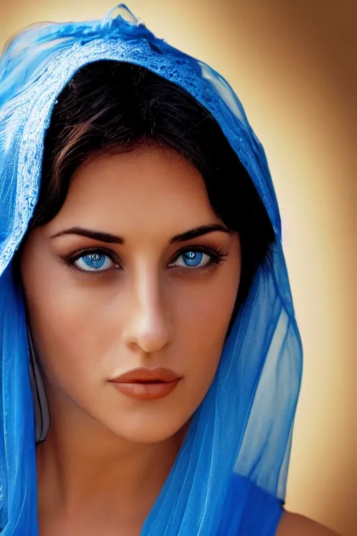 Prompt: young Monica Belluci as an Arab woman, tanned skintone, bright blue eyes, white veil, model face, light blue decent dress, closeup portrait, focus