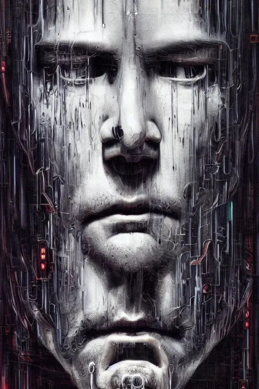 Image similar to portrait of keanu reeves, hyperdetailed, nightmare, abomination, ultrarealistic, cyberpunk, dramatic, symmetrical, by h. r. giger and zdislaw beksinski and artgerm, science fiction, alien, religious art, mandelbrot fractal, trending on deviantart