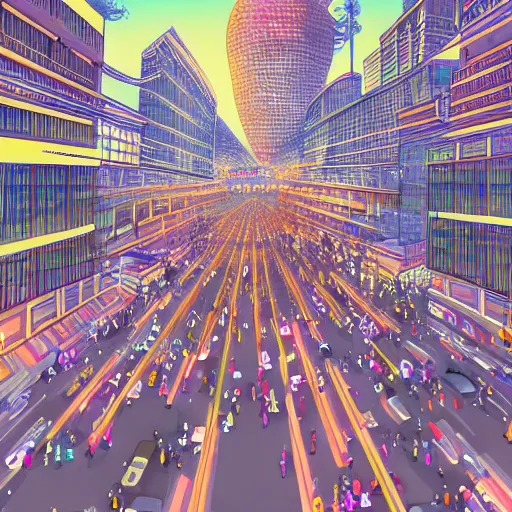 Prompt: modern beijing city view, crowd and traffic underneath the night sky, Anime style, Hyper detailed