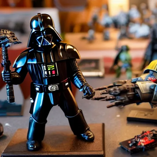 Image similar to Darth Vader collects miniature battles of Warhammer 40,000 space marine figurines on his desktop at a table with a bright lamp, realism, depth of field, focus on Darth Vader,