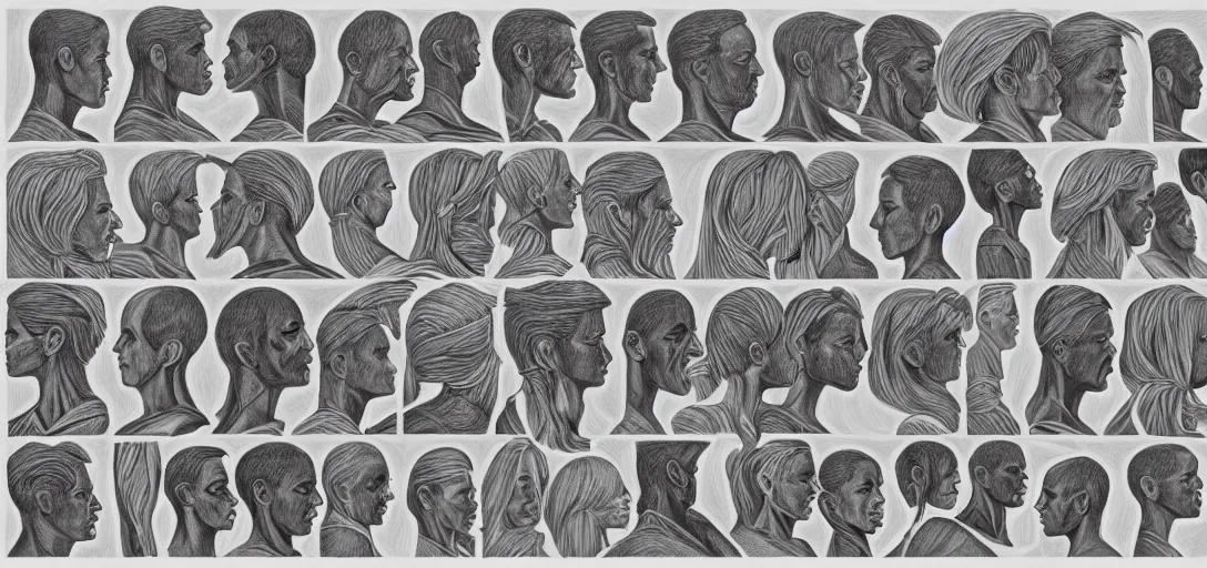 Image similar to symmetry! portrait of multiple human in solid silhouettes, posing, mooc, organic and intricate, elegant, highly detailed, concept art, smooth lines, sharp focus, illustration, high contrast, shadows, painted with thin colored pencils on white, 8 k