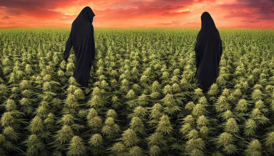 Prompt: the grim reaper walking in a cannabis field, sunset, global illumination, hyper - realistic, insanely detailed and intricate, cinematic, 8 k