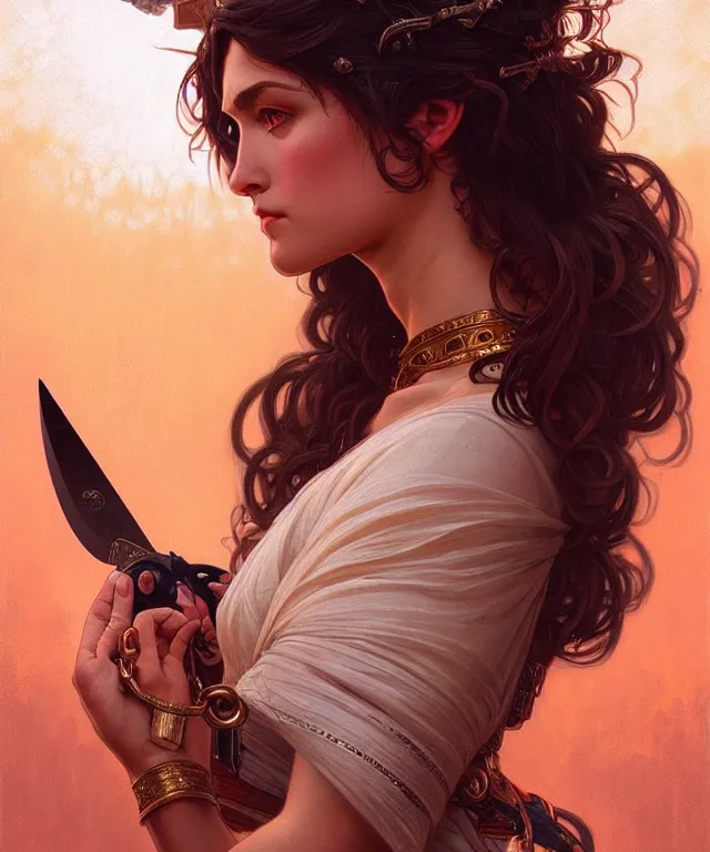 Image similar to portrait of biblical delilah holding a lock of hair and shears, intricate, headshot, highly detailed, digital painting, artstation, concept art, sharp focus, cinematic lighting, illustration, art by artgerm and greg rutkowski, alphonse mucha, cgsociety