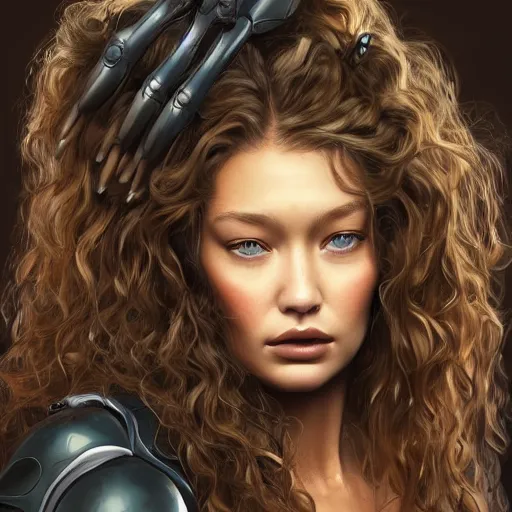 Image similar to portrait of a girl by simon bisley, mixture between doutzen kroes and gigi hadid, she is about 2 5 years old, long curly hair, very tall and slender, she is wearing a battle mech suit, highly detailed portrait, digital painting, artstation, concept art, smooth, sharp foccus ilustration, artstation hq