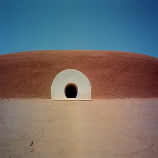 Image similar to a Non-Euclidean orb-like clay building sitting in the desert, vintage photo, beautiful cinematography, blue sky, film grain, extreme wide shot, far away, in the distance, James Turrell