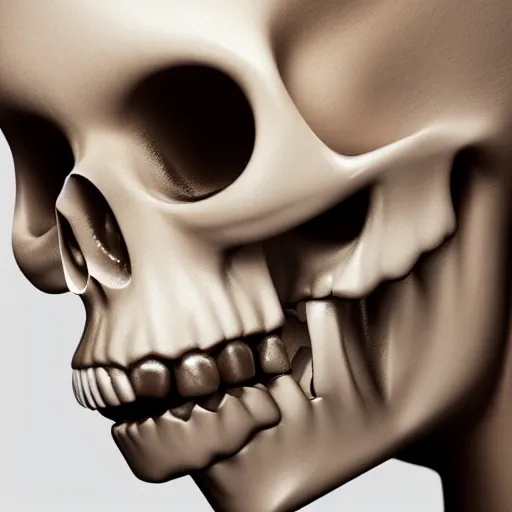 Prompt: closeup portrait photo of a stunning beautiful lady skull with her tongue touching her nose, 3D render,subsurface scattering,global illumination,raytracing,studio lighting, HDR, UHD, 4K