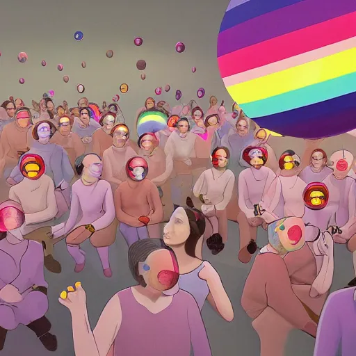 Prompt: A fine art painting of a group of people in a room full of spheres, the people are wearing pale pink clothing and each wearing a Vr headset. Each person is connected to another person by a rainbow that emits from each Vr headset. In the style of Wes Anderson and Biblical paintings