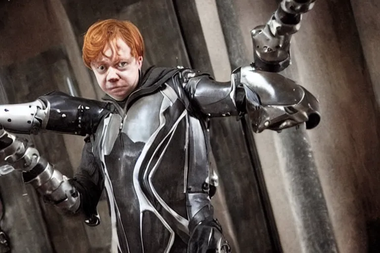 Prompt: Rupert Grint as Doctor Octopus, Long metal clawed arms from his back, intimidating stance