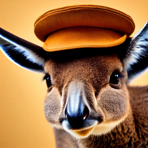 Prompt: a photo of a buff kangaroo wearing a safari hat and vest, studio photography, 8 k