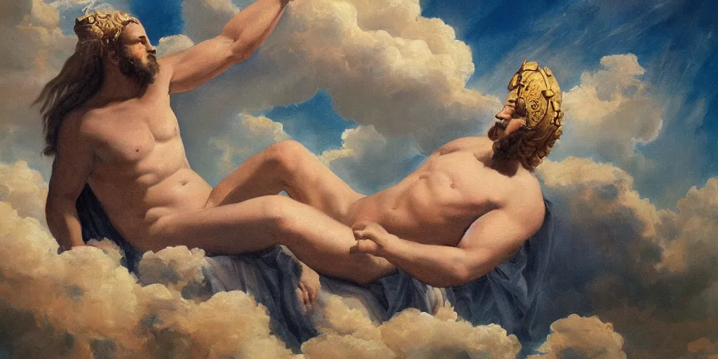 Prompt: a beautiful painting of zeus on his throne by the clouds.