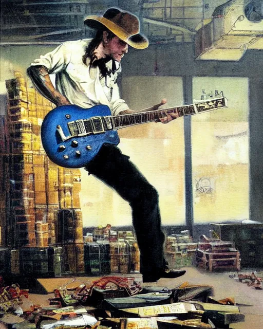 Image similar to Snake Oil salesman shredding on a Gibson Les Paul in a snake oil warehouse, painting by Frank Frazetta