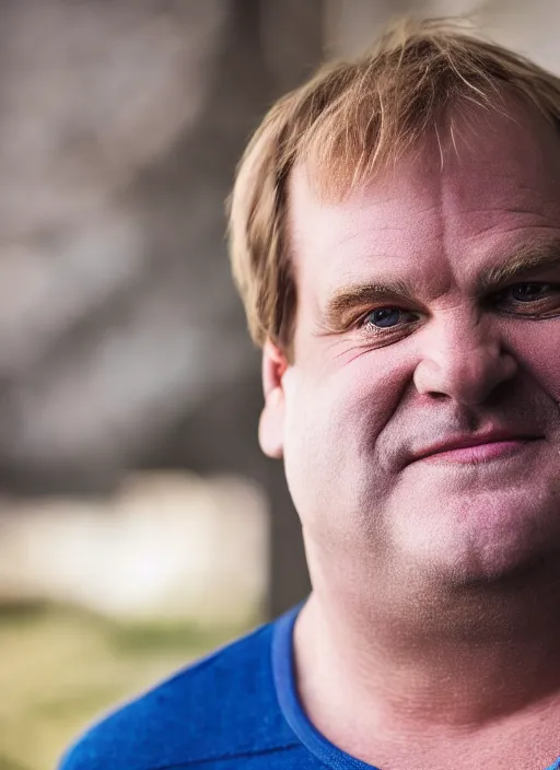 Image similar to DSLR photo portrait still of 58 year old age 58 Chris Farley at age 58!!!, 85mm f1.8