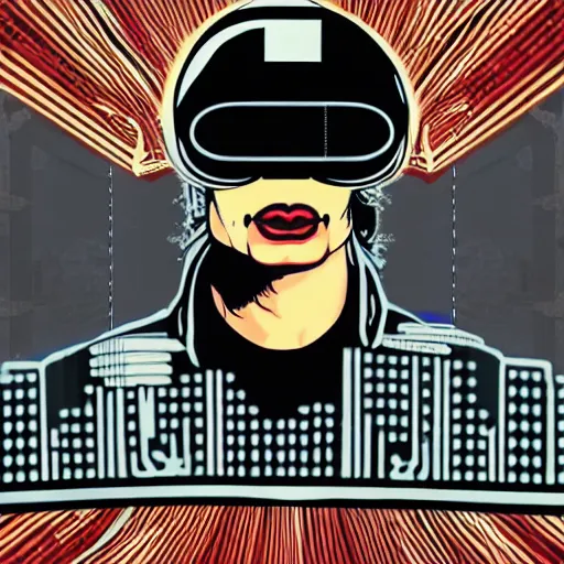 Prompt: Illustrated by Shepard Fairey and H.R. Geiger | Cyberpunk Michael Jackson with VR helmet, surrounded by cables