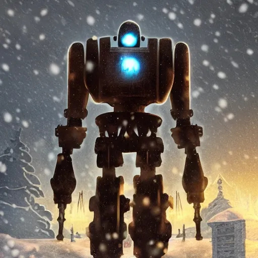 Image similar to the iron giant in war mode standing in the snow, highly detailed, steam punk, midjourney, 70's sci-fi, deep aesthetic, 4k, highly ornate intricate details, rich colors, digital artwork, symmetrical, ray tracing,