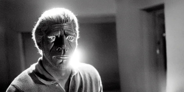 Prompt: photorealistic cinematography of a steve mcqueen acting in a twilight zone episode about a photoreal rick baker designed werwolf sculpture with glowing red eyes shot on film at magic hour with the sun shining into a large 6 0's hotel lobby room filled with volumetric haze by the shining cinematographer john alcott on a cooke panchro 5 0 mm lens.