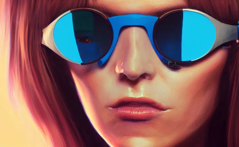 Prompt: closeup painting of donald trump cyberpunk woman smirking, wearing light blue shutter shades and a dark brown leather jacket, one side haircut, long brown hair with light blue ends, portrait, hyperdetailed, artstation, cgsociety, 8 k, synthwave by tangerine dream