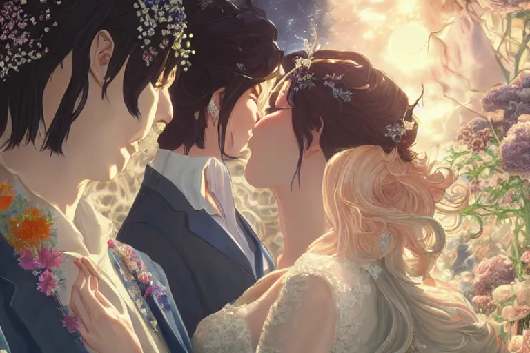 Image similar to a dreamlike portrait of wedding close up moment of a divine a japan sun god and moon goddess lovers magician at a wedding banquet. highly detailed, digital painting, fantasy wedding screen, 8 k realistic, hyper detailed, by makoto shinkai and akihiko yoshida and hidari and wlop