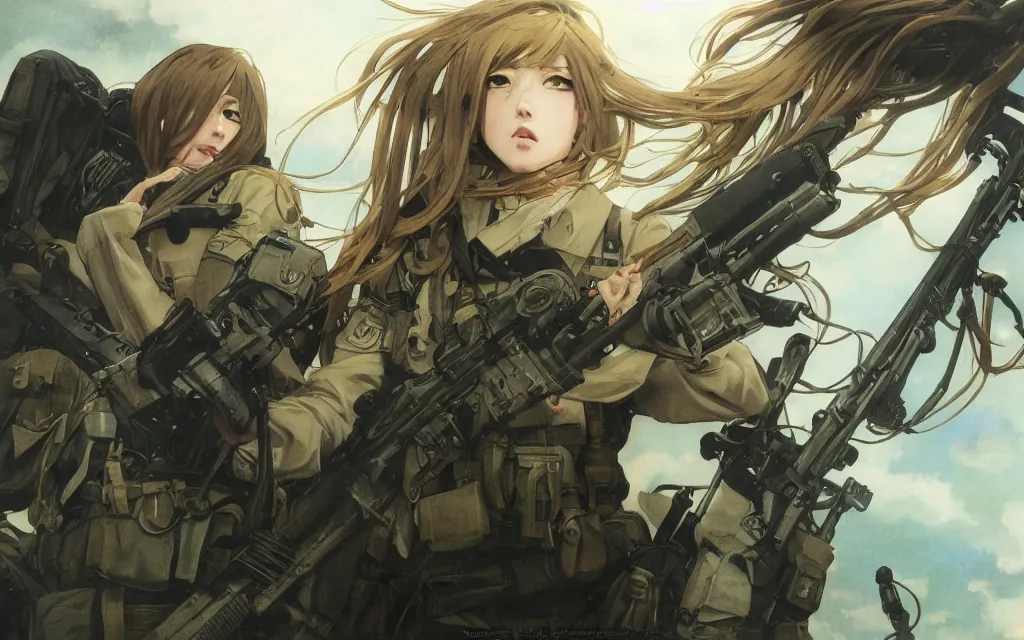 Prompt: war movie scene, infantry girl, anime style, long hair, hair down, symmetrical facial features, explosions, 4 k wallpaper, from girls frontline, hyper realistic, pale skin, rule of thirds, extreme detail, realistic lighting, detailed drawing, trending artstation, hd, trading card, by alphonse mucha, greg rutkowski, backlit