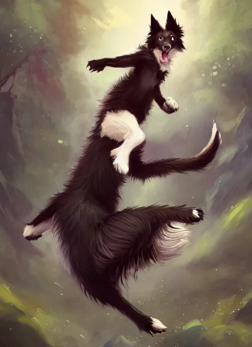 Image similar to wide angle beautiful full body portrait of a cute male anthropomorphic anthro border collie fursona wearing clothes and falling from the sky, character design by charlie bowater, henry asencio, and ross tran, disney, scenic background, detailed, aesthetic, trending on artstation, furaffinity, deviantart