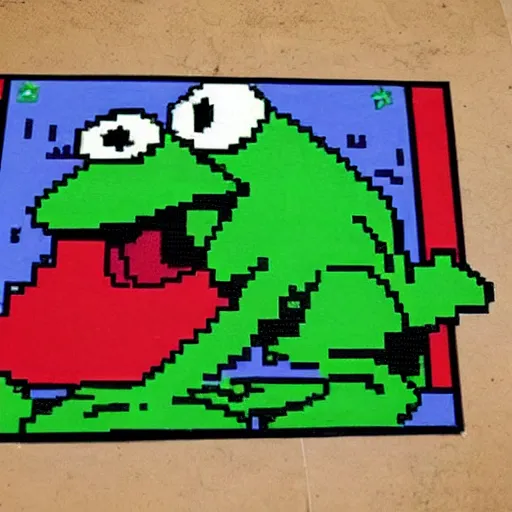 Prompt: 1 6 bit, pixel art, kermit the frog fighting a clown on the sidewalk, a clown is beat up on the floor by big kermit