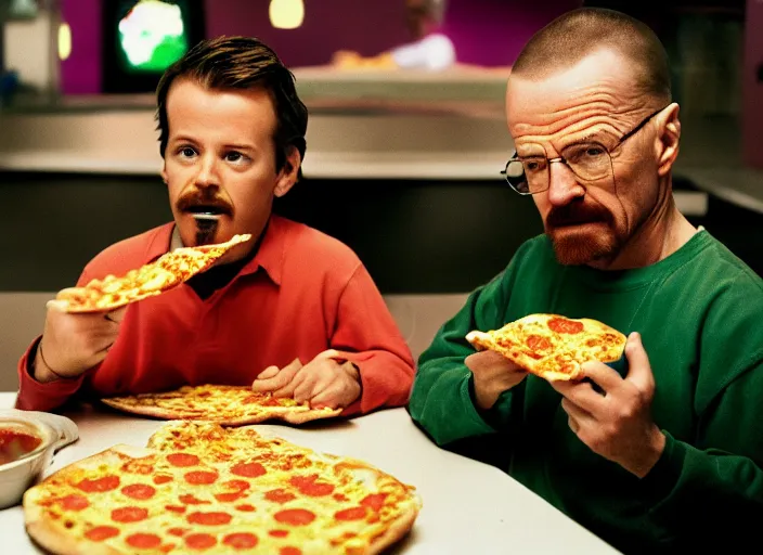 Image similar to cinematic portrait of walter white eating pizza at chuck - e - cheese, with sloppy cheesy sauce getting slopped up all over the place, dramatic lighting, moody film still from breaking bad ( 2 0 1 6 ), 3 5 mm kodak color stock, detailed face, 2 4 mm lens, directed by spike jonze, ecktochrome