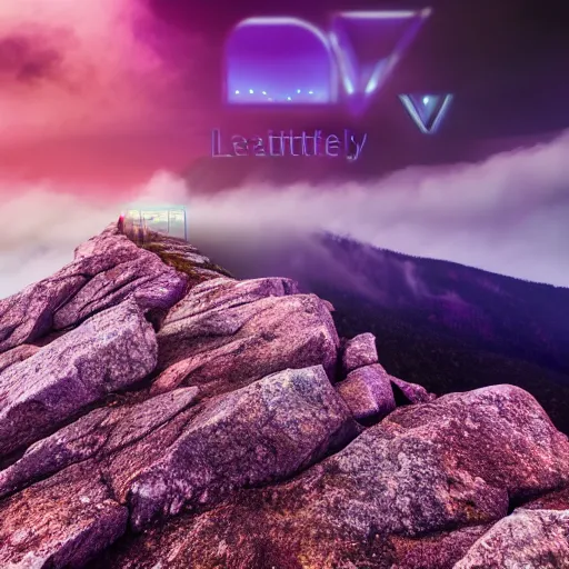 Image similar to glowing letter v on top of a mountain, purple fog and clouds, 8 k, highly detailed,