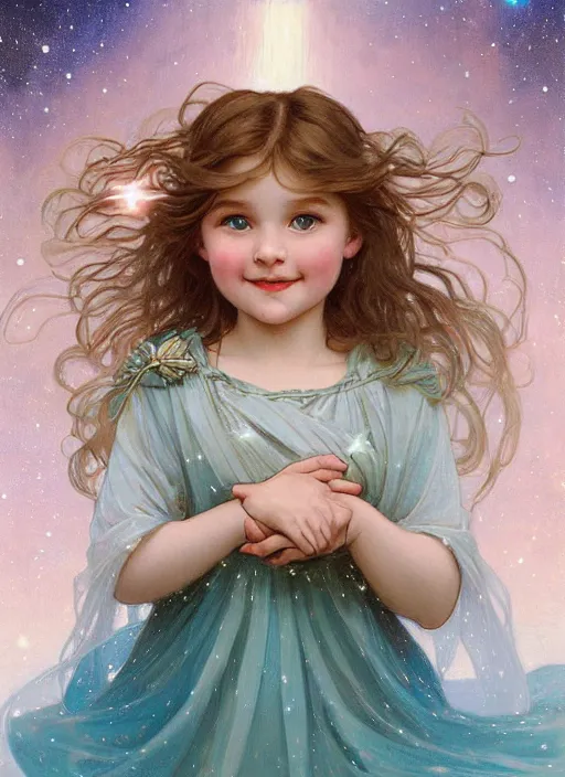 Image similar to a cute little girl with a round cherubic face, blue eyes, and short wavy light brown hair smiles as she floats in space with stars all around her. she is wearing a turquoise dress. beautiful painting by artgerm and greg rutkowski and alphonse mucha