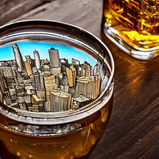 Prompt: depiction of a highly detailed city through a lens placed on a table next to a whiskey glass and cigar