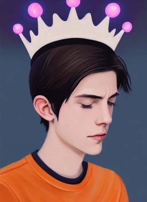 Image similar to portrait of teenage jughead jones wearing a light grey crown, crown, hamburger background, eyes closed, crown, black hair, orange, intricate, elegant, glowing lights, warm lighting, highly detailed, digital painting, artstation, concept art, smooth, sharp focus, illustration, art by wlop, mars ravelo and greg rutkowski