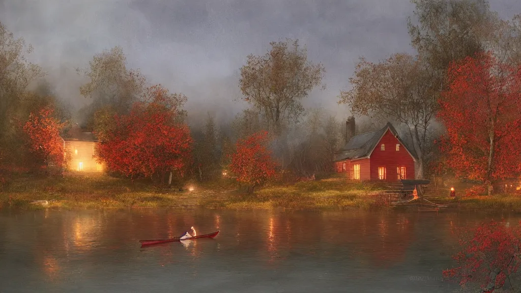 Image similar to small red wooden cottage by the lake, lanterns on the porch, smoke coming out of the chimney, dusk, birch trees, tranquility, two swans on the lake, two swans, a wooden rowing boat, by Greg Rutkowski, by Charlie Bowater