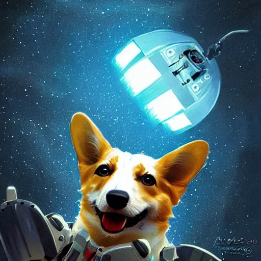 Image similar to corgi piloting a spaceship with helmet, serious, sci fi, dramatic, concept art