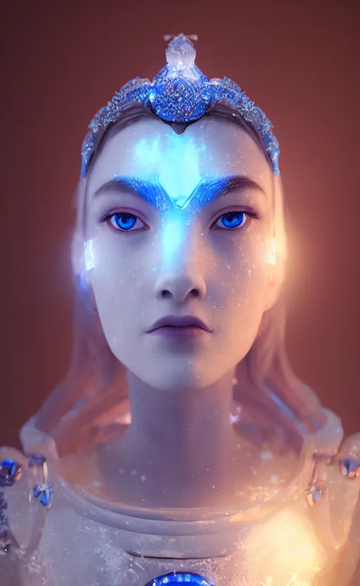 Prompt: ice goddess with beautiful face with a glowing blue crystal on her forehead, frosty white eyes, winter mist around her, white plated armor, pale skin, white smoke, photorealism, octane render, frostbite, 8 k, cinematic, 3 5 mm