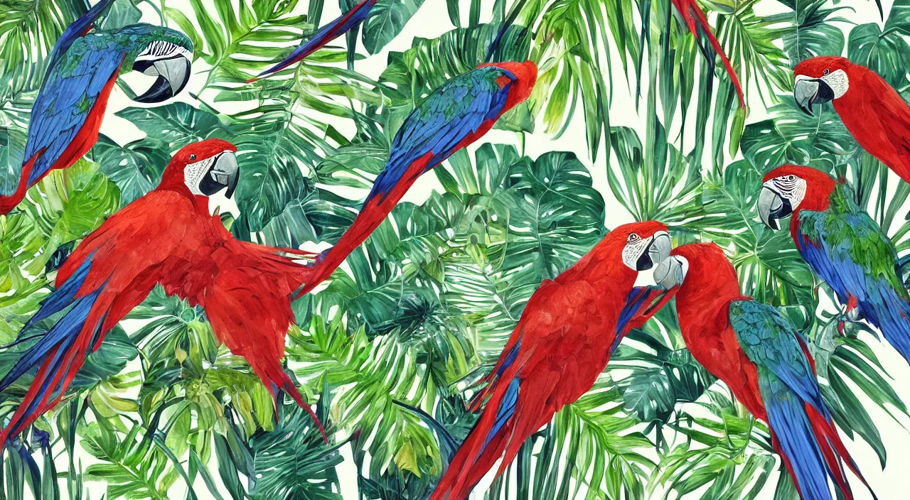 Prompt: a beautiful painting of any of various large tropical plant leaves, ornat concept art illustration, two macaws fly in the air, koala, zebra, lion, paint on canvas