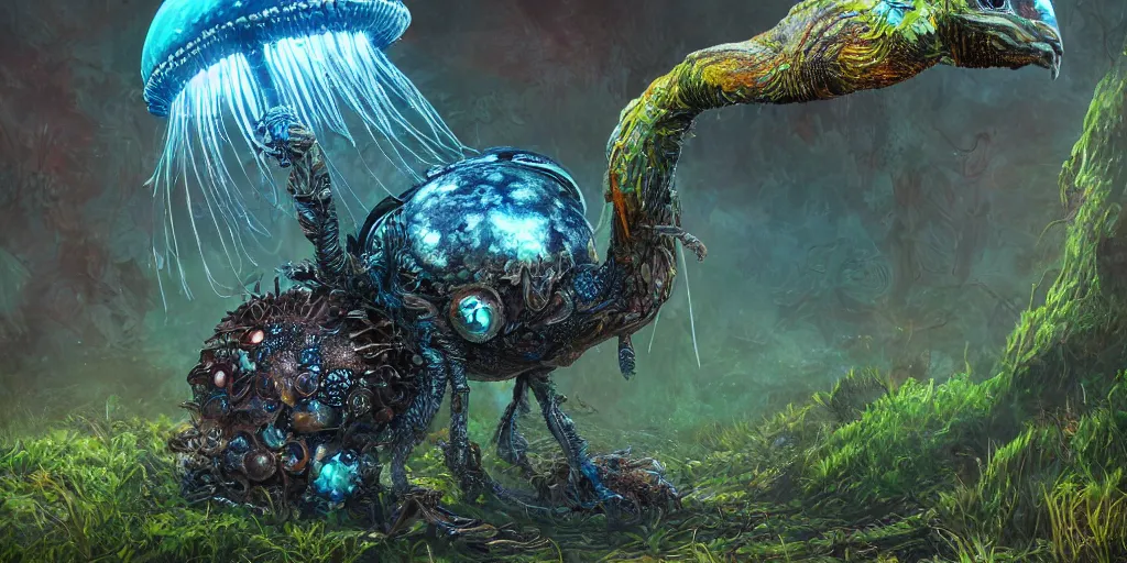 Prompt: a bird turtle mushroom jelly tractor hybrid creature monster with metal scales feathers fur moss spines knobs, rich diverse lush alien world, fantasy, science fiction, dramatic lighting, in the style of national geographic, hannah yata, illustration, octane render