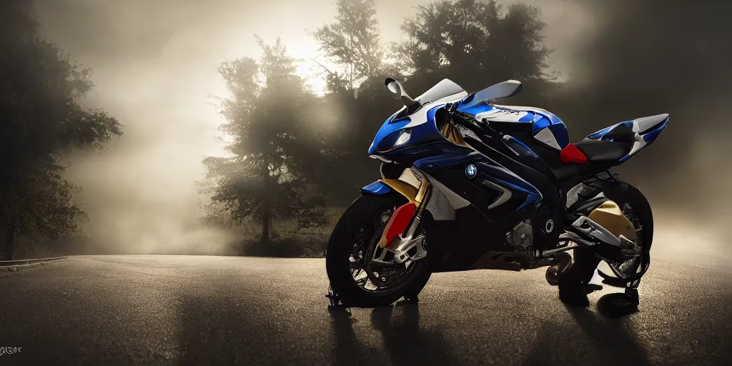 Image similar to parked BMW S1000rr motorcycle, fog, rain, volumetric lighting, beautiful, golden hour, sharp focus, highly detailed, cgsociety