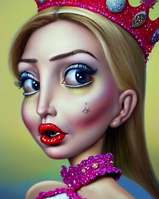 Image similar to closeup profile portrait of a tin toy ivanka trump as a fairytale princess wearing a crown and eating cakes, bikini, hyper realistic, artstation, illustration, nicoletta ceccoli, mark ryden, lostfish, max fleischer, digital paint, matte paint, vivid colors, bright, cheerful, detailed and intricate environment