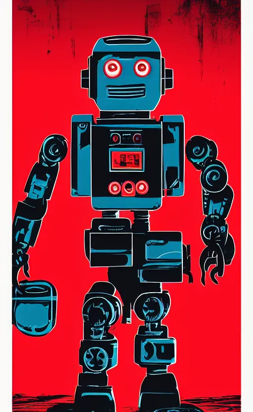 Image similar to a poster of a robot standing in front of a red background, poster art by tim doyle, behance contest winner, shock art, poster art, apocalypse art, sci - fi