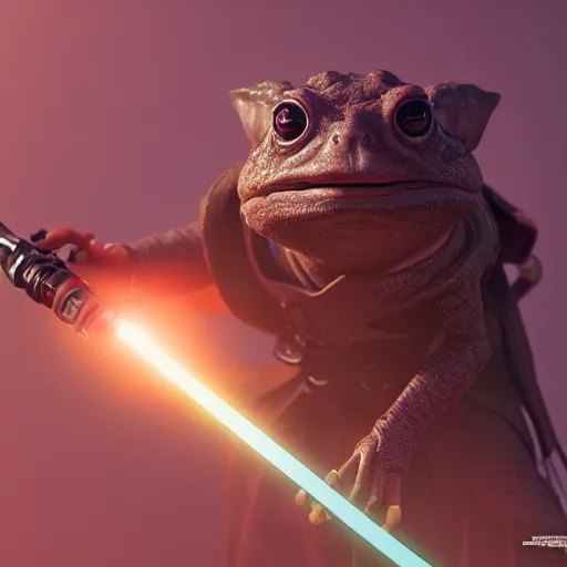 Image similar to a highly detailed Jedi toad with light saber, artstation, DeviantArt, professional, octane render, sunset lighting