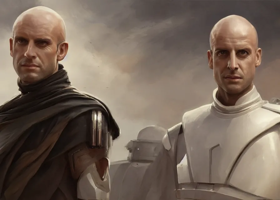 Image similar to painting portrait of Emmanuel Macron dressed as Arcann and as Thexan in Star Wars, sharp focus, waist up, trending on ArtStation, masterpiece, by Greg Rutkowski, by Ross Tran, by Fenghua Zhong, octane, clear eyes, soft render, clear facial features, oil on canvas, moody lighting, cinematic, professional environment concept art