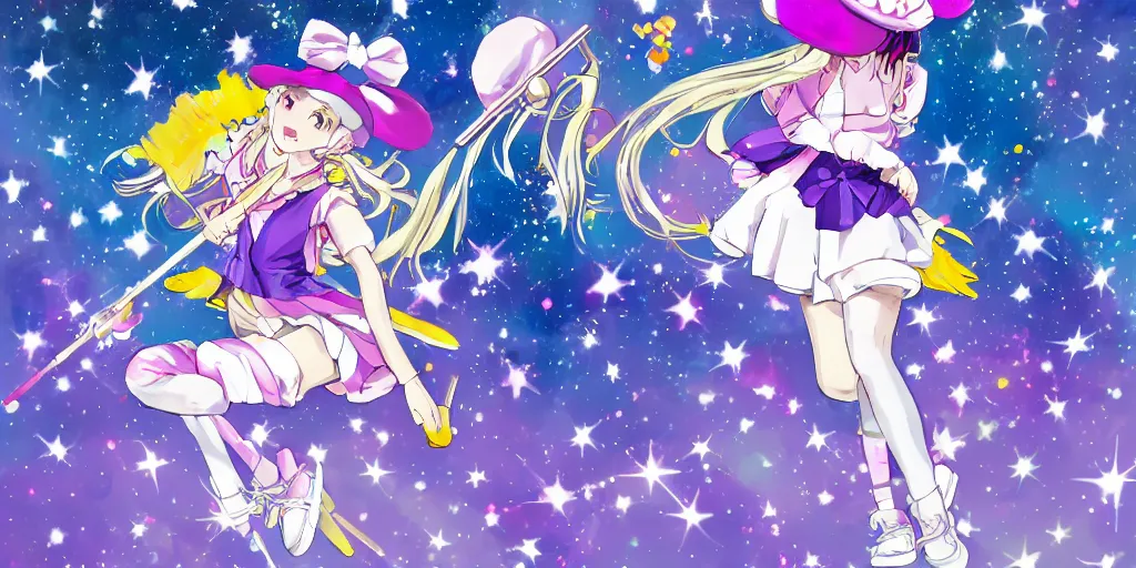 Prompt: A character sheet of an anime magical girl holding a paintbrush with short blond hair and freckles wearing an oversized purple Beret, Purple overall shorts, jester shoes, and white leggings covered in stars. Rainbow accents on outfit. Concept Art. Card captor Sakura inspired. Sailor Moon Inspired. Madoka Magica Inspired. By Naoko Takeuchi. By CLAMP. By WLOP. JPOP Outfit. KPOP Outfit