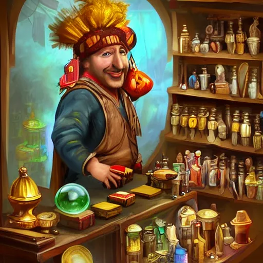 Prompt: Digital art of Anthropomorphized parrot trader in his shop, shelves full, selling a gem, portrait, items, magic potions, carpet, window, fancy funny hat, sly expression , cunning expression, cute expression, presenting magic gem, D&D, fantasy, cinematic lighting, highly detailed, digital painting, artstation, concept art, smooth, sharp focus, illustration, warm light, cozy warm tint, magic the gathering artwork, volumetric lighting, 8k, no gold, no gold colours, art by Akihiko Yoshida and Greg Rutkowski