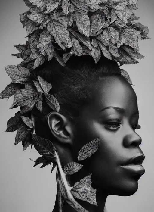 Prompt: a beautiful black woman's face in profile made of leaf and floral skeleton, in the style of the dutch masters and gregory crewdson, white hair, dark and moody aesthetic, 8 k, matte, intricate detail, hyper detailed, surrealism, fantasy, elegant,