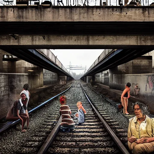 Image similar to poor people life under railway bridge, award winning, realistic, 4 k, hyper details, portrait by steve mccury and annie leibovitz and chindy sherman