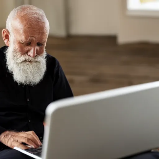 Image similar to old man sitting on a casket browsing internet on laptop from a casket casket