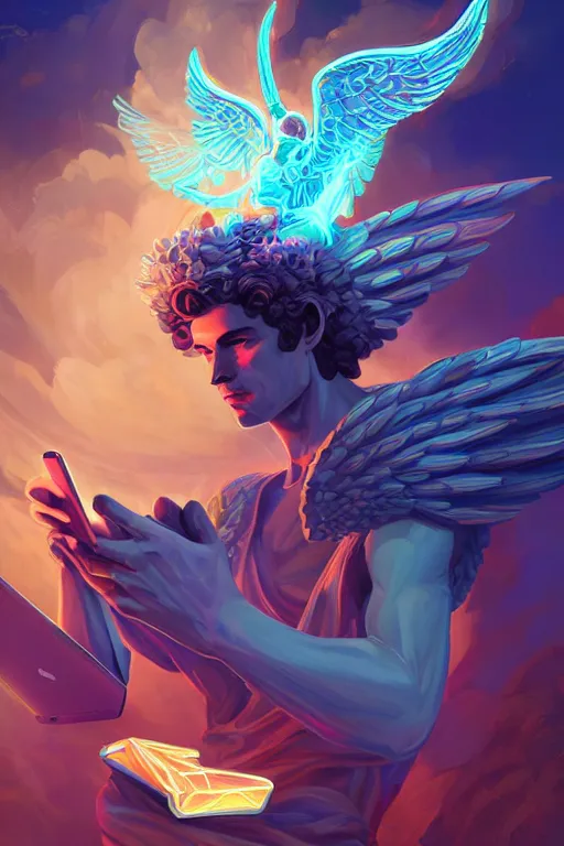Image similar to highly detailed, the handsome greek god hermes, wearing winged helmet, holding glowing laptop computer, clouds of glowing binary code, digital painting bioluminance alena aenami artworks in 4 k design by lois van baarle by sung choi by john kirby artgerm style pascal blanche and magali villeneuve